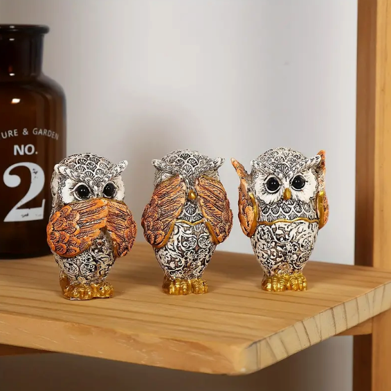 Majestic Trio of Paisley Owls